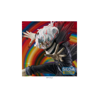 Figura de ação com cabelo branco e capa vermelha numa pose dinâmica