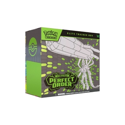 Caixa do jogo Pokémon MEGA EVOLUTION PERFECT ORDER ELITE TRAINER BOX verde e preta com ilustração geométrica