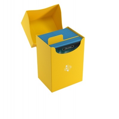 Caixa amarela aberta com cartas azuis e aba preta 'COMMANDER'