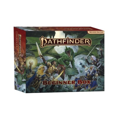 Caixa de jogo de tabuleiro Pathfinder Beginner Box com ilustração de dragão e personagens em batalha