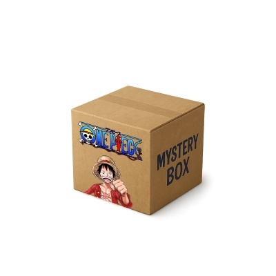 Caixa de cartão castanha com texto MYSTERY BOX e imagem da personagem Luffy de One Piece