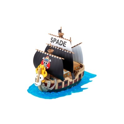 Miniatura de navio pirata com velas pretas e branca e âncora cinza