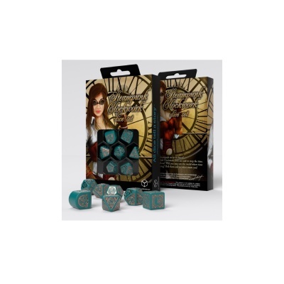 Conjunto de dados Steampunk Clockwork azul com gravações bronze em embalagem ilustrada.