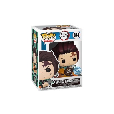 Funko Pop Animation Tanjiro Kamado Demon Slayer número 874 numa caixa branca com detalhes