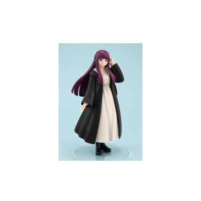 Figura colecionável de personagem feminina com cabelo roxo e vestido branco