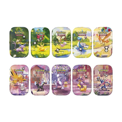 Carteiras metálicas coloridas com personagens Pokémon e texto POKEMON TRADING CARD GAME