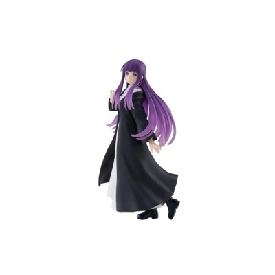 Figura de personagem animada com cabelo roxo e vestido preto