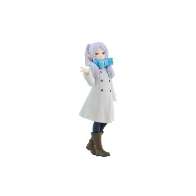 Estatueta de personagem anime com casaco branco e cachecol azul
