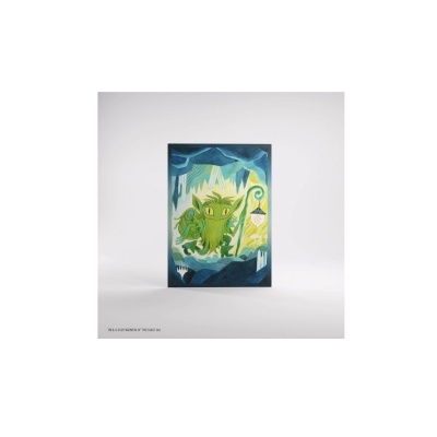 Poster com ilustração de criatura verde e ambiente azul e verde