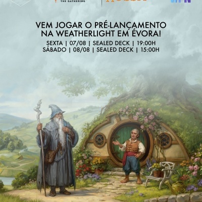 Cartaz promocional Magic The Gathering The Hobbit com texto e ilustração de personagens fantásticas
