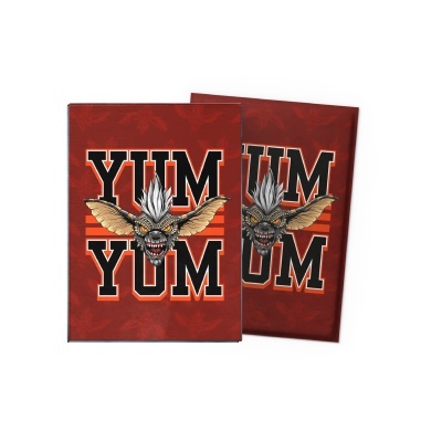 Capas de cadernos vermelhas com texto YUM YUM e criatura com cabelo branco