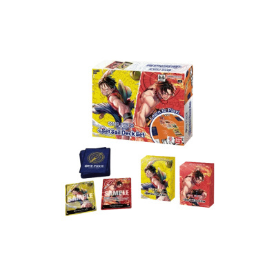 Jogo de cartas ONE PIECE Set Sail Deck Set com personagens em caixas coloridas e cartas amostras sobre fundo branco