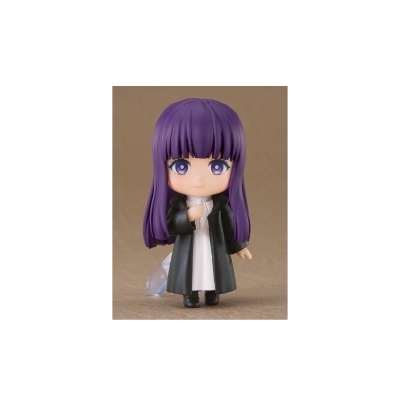 Figura de brinquedo com cabelo roxo, olhos lilás, casaco preto, vestido branco e botas pretas