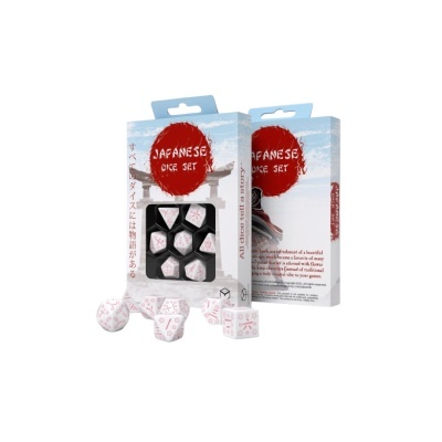 Conjunto de dados japoneses em caixa branca com 7 dados visíveis.