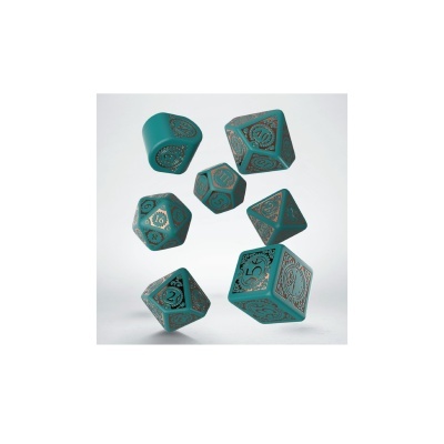 Dados poliedros verdes com detalhes em bronze para RPG