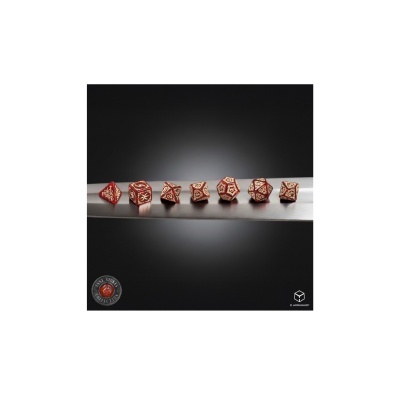 Set de dados poliédricos vermelho com números brancos e selo Anne Stokes Collection