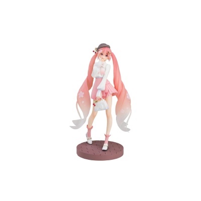 Figura colecionável de anime com cabelo rosa e roupa branca e rosa sobre base redonda castanha