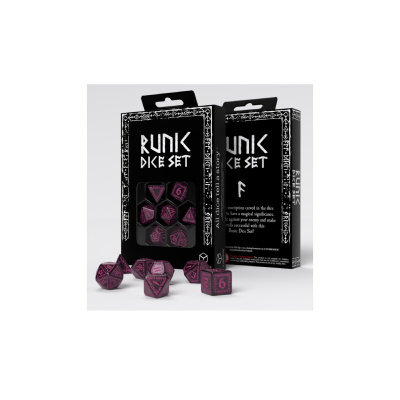 Imagem de conjunto de dados Runik com caixa preta e dados pretos com texto roxo.