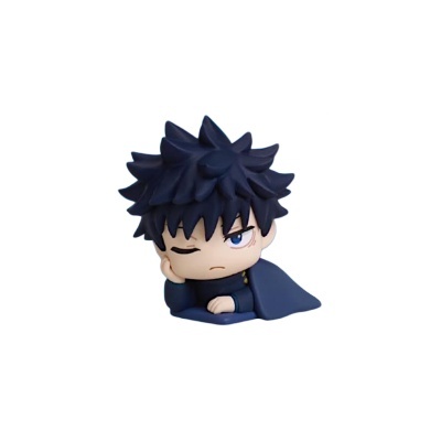 Figura de vinil de personagem anime com cabelo preto espetado e roupa azul escuro