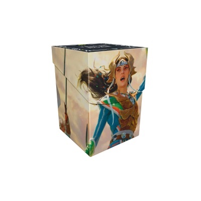 Caixa de papelão com ilustração de mulher guerreira em armadura dourada