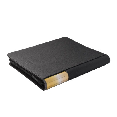 Carteira preta com detalhe metálico dourado e linhas pretas