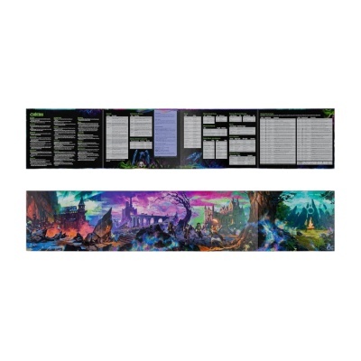 Tapete de jogo de fantasia com ilustração colorida e texto técnico no topo