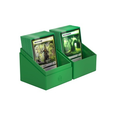 Suporte verde para cartas de jogos com duas pilhas de cartas visíveis