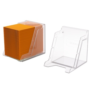 Suporte transparente para post-its com post-its laranja.