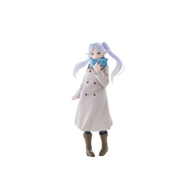Figura feminina anime com cabelo branco, cachecol azul e casaco bege