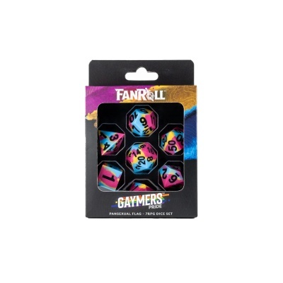 Conjunto de dados RPG com cores da bandeira pansexual na embalagem Fanroll