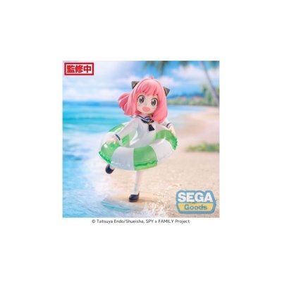 Figura anime rosa com boia inflável na praia, logótipo SEGA Goods