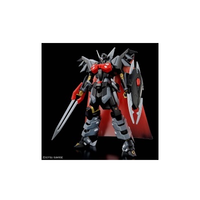 Figura robótica mecha com espada e escudo em fundo preto
