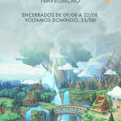 Cenário fantástico com casas, árvores, cascatas e texto de pausa na navegação