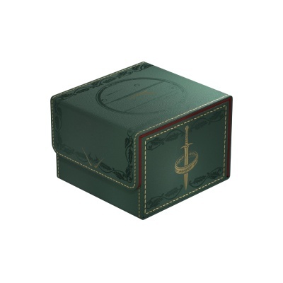Caixa verde pequena de couro com desenho de punhal dourado e ornamentos vegetais.