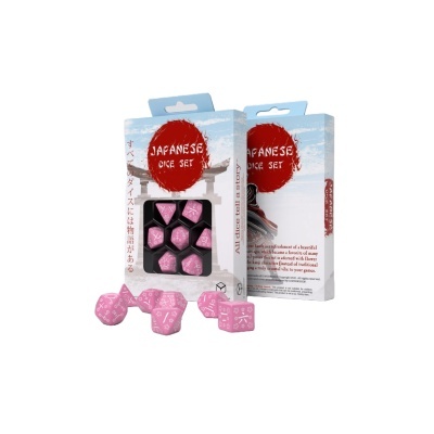 Conjunto de dados japonês em embalagem com dados rosas e símbolos kanji