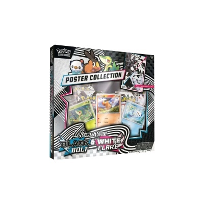 Caixa de coleção de posters Pokémon com cartas visíveis e texto promocional.