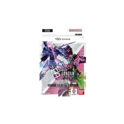 Caixa do jogo de cartas Gundam CRY GAME Starter Deck Seed Strike com ilustrações de robôs e textos visíveis.