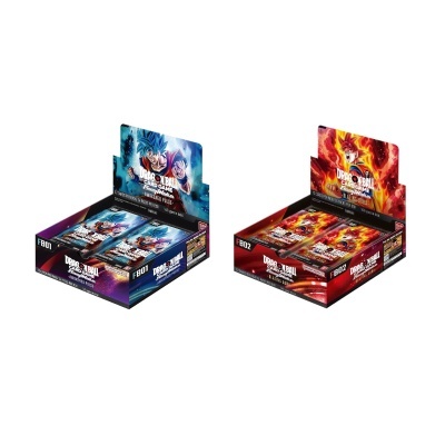 Duas caixas abertas de cartas Dragon Ball Super, cores azul e vermelho