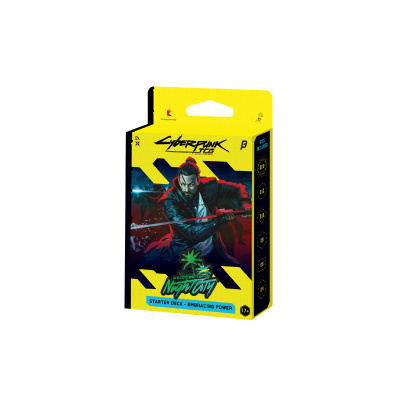 Embalagem amarela do jogo Cyberpunk TCG com arte futurista e texto promocional