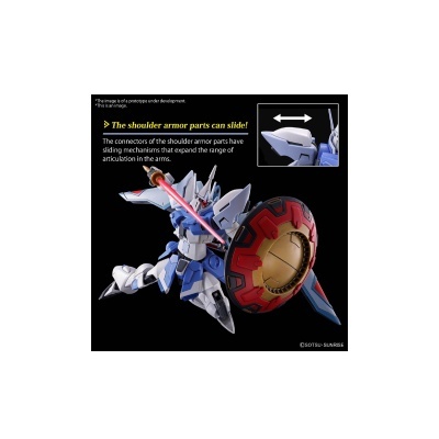 Figura robótica azul e branca com escudo vermelho e dourado e lâmina vermelha, com texto em inglês sobre armadura de ombro deslizante