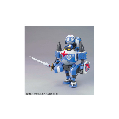Figura robô azul e branca segurando espada e escudo, com personagem sentado no topo.