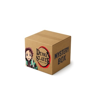 Caixa de cartão castanha com texto Demon Slayer e Mystery Box com um personagem de anime na lateral.