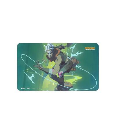 Tapete com design de personagem a patinar e texto RIFTBOUND LEAGUE OF LEGENDS