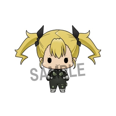 Figura de vinil chibi com cabelo loiro e macacão preto