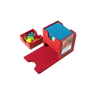 organizador vermelho para cartas de jogo com dados e peças coloridas