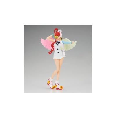 Figura decorativa de personagem feminina com vestido branco, cabelo vermelho e branco, asas coloridas e sapatilhas com rodas