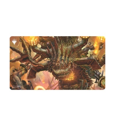 Tapete de jogo com criatura monstruosa mecânica e cores laranja e castanho