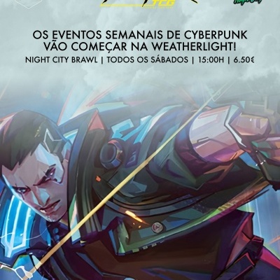 Imagem promocional de eventos semanais do jogo Cyberpunk TCG com texto e arte de personagem futurista