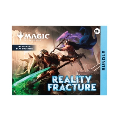 Caixa do jogo Magic The Gathering Reality Fracture com ilustração fantasia e texto informativo