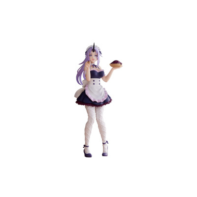 Figura anime feminina em vestido de empregada com bolo numa mão.